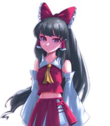 1girl absurdres ascot black_hair bow breasts commentary detached_sleeves frilled_bow frilled_hair_tubes frills hair_bow hair_tubes hakurei_reimu highres long_hair looking_at_viewer midriff navel okeyadeokya red_bow red_skirt ribbon-trimmed_sleeves ribbon_trim simple_background skirt skirt_set solo touhou very_long_hair white_background yellow_ascot