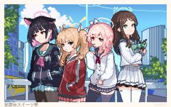 4girls after-school_sweets_club_(blue_archive) airi_(blue_archive) animal_ears black_choker black_jacket black_skirt black_thighhighs blonde_hair blue_archive bow bowtie brown_hair brown_pantyhose cat_ears cat_girl choker city colored_inner_hair cowboy_shot drink food green_bow green_bowtie halo hand_in_pocket holding holding_drink holding_food holding_ice_cream ice_cream jacket kazusa_(blue_archive) lavlav0 long_sleeves midriff_peek multicolored_hair multiple_girls natsu_(blue_archive) outdoors pantyhose pink_hair pink_halo pixel_art pleated_skirt red_eyes red_jacket red_skirt school_uniform shirt short_hair skirt thighhighs twintails white_jacket white_shirt white_skirt white_thighhighs yellow_halo yoshimi_(blue_archive)