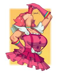 1girl absurdres ace_attorney balloon blush breasts choker cleavage clown clown_nose dress fellatio frills geiru_toneido gloves highres holding large_breasts looking_at_viewer makeup medium_hair multicolored_clothes open_mouth oral phallic_symbol phoenix_wright:_ace_attorney_-_spirit_of_justice pink_dress pink_gloves pink_hair rainbow rizdraws saliva sexually_suggestive simulated_fellatio sleeveless smile solo suspenders