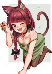 1girl animal_ears bell black_nails bocchi_the_rock! braid breasts brown_thighhighs cat_ears choker claw_pose collar collarbone covered_erect_nipples downblouse dress dress_slip drunk extended_downblouse fingernails green_dress grin hakai_no_ika highres hiroi_kikuri long_fingernails medium_hair naughty_face neck_bell nipple_slip nipples one_eye_closed paw_pose sharp_fingernails sharp_teeth side_braid single_braid small_breasts smile teeth thighhighs upper_teeth_only