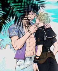 Rule 34 | 2boys, abs, aqua eyes, arm around shoulder, armor, black hair, black sailor collar, black shirt, black shorts, blonde hair, cloud strife, cloud strife (maritime sailor), cow, final fantasy, final fantasy vii, final fantasy vii ever crisis, hair slicked back, hand on another&#039;s chin, hawaiian shirt, highres, jewelry, leather armor, male focus, male swimwear, medium hair, multiple boys, necklace, open clothes, open mouth, open shirt, palm tree, parted lips, pectorals, print shirt, ring, sailor collar, shell, shell necklace, shinogu r, shirt, short hair, shorts, sideburns, smile, spiked hair, tree, white male swimwear, wristband, yaoi, zack fair (surfer look)