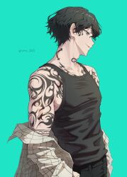 1boy aqua_background arm_tattoo black_hair black_pants black_tank_top chest_tattoo from_side hand_in_pocket highres male_focus neck_tattoo pants shirt short_hair solo soru_2023 tank_top tattoo toned toned_male twitter_username unworn_shirt upper_body wind_breaker_(nii_satoru) yamato_endo