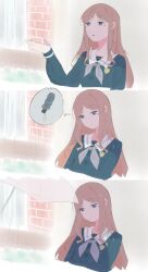 1girl bang_dream! bang_dream!_it&#039;s_mygo!!!!! blue_eyes blue_shirt brown_hair closed_mouth commentary grey_neckerchief long_hair maa-chan_(sima) nagasaki_soyo neckerchief open_mouth rain school_uniform shirt sidelocks solo symbol-only_commentary tsukinomori_school_uniform umbrella