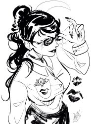 1girl 2023 adjusting_eyewear alternate_costume alternate_hairstyle arm_at_side arm_up artist_name bayonetta bayonetta_(series) black_skirt breasts bug choker cleavage closed_mouth collarbone commentary crescent english_commentary facing_ahead female_focus fingernails folded_hair from_above glasses half-closed_eyes heart heart_necklace highres jewelry large_breasts lips lipstick_mark long_fingernails long_hair long_sleeves mature_female mole mole_on_cheek monochrome necklace office_lady pencil_skirt popped_collar shirt simple_background skirt smug spider standing swept_bangs thick_lips upper_body valemi_bird very_long_hair wavy_hair white_background white_shirt