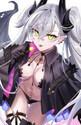 1girl black_cloak black_hands black_panties body_markings breasts candy cloak colored_extremities crossed_bangs demon_girl demon_horns demon_wings ear_piercing earrings fate/grand_order fate_(series) food fuyuki_(neigedhiver) green_eyes grey_hair hair_around_horn hair_between_eyes highres holding holding_candy holding_food holding_lollipop horns jewelry lilith_(fate) lilith_(second_ascension)_(fate) lollipop long_hair looking_at_viewer medium_breasts navel no_bra open_clothes panties piercing pointy_ears pubic_tattoo simple_background solo stomach_tattoo tattoo tattoo_between_breasts thighhighs thighs tongue tongue_out twintails underwear very_long_hair white_background wide_sleeves wings