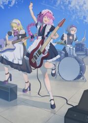 1other 2boys alternate_costume amplifier androgynous apron astolfo_(fate) band_(music) bass_guitar black_bow blonde_hair blue_sky bow braid chevalier_d&#039;eon_(fate) cleavage_cutout closed_eyes closed_mouth clothing_cutout contrail crossdressing cymbals drum drum_set drumsticks electric_guitar enmaided eyelashes fang fate/apocrypha fate/grand_order fate_(series) flower frilled_socks frills grey_hair guitar hair_bow hair_flower hair_ornament high_heels highres holding holding_guitar holding_instrument instrument just_we light_blush long_braid long_hair maid maid_apron maid_headdress male_focus multicolored_hair multiple_boys music necktie open_mouth original pink_hair playing_guitar playing_instrument prince_of_lan_ling_(fate) purple_eyes red_necktie short_hair single_braid skin_fang sky smile socks streaked_hair tile_floor tiles trap white_socks wrist_cuffs