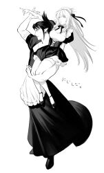 1boy 1girl :o absurdres animal_ears apron bow bowtie breasts carrying carrying_over_shoulder carrying_person cat_ears cleavage collared_dress corset crossdressing dress dt_777_tb earrings expressionless floating_hair full_body greyscale hair_bun hair_ribbon hanabatake_chaika hanabatake_chaika_(1st_costume) highres holding_another&#039;s_arm jewelry long_dress long_hair maid maid_apron maid_headdress monochrome nijisanji official_alternate_costume pointing pointy_ears puffy_short_sleeves puffy_sleeves ribbon shiina_yuika shiina_yuika_(5th_costume) shoes short_sleeves single_hair_bun sketch standing thighhighs virtual_youtuber waist_apron