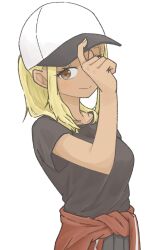 1girl adjusting_hair baseball_cap black_shirt black_skirt blonde_hair breasts brown_eyes closed_mouth clothes_around_waist commentary_request gyaru hat highres ichinose_karina jacket jacket_around_waist looking_at_viewer manemane_nichinichi medium_breasts pleated_skirt red_jacket shirt simple_background skirt smile solo tan track_jacket upper_body wasiwasimo white_background white_hat