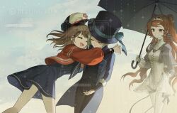 3girls ^_^ arm_behind_back black_coat black_hat black_pants black_umbrella black_vest blue_bow blue_dress blue_neckerchief blue_sky boater_hat bow brown_hair checkered_hairband closed_eyes coat collared_dress commission cowboy_shot dress gloves grey_eyes grey_hair hairband hand_up hat hat_bow high_collar holding holding_umbrella imminent_hug jacket long_hair looking_at_another multiple_girls neckerchief newsboy_cap open_clothes open_jacket open_mouth orange_hair pants pants_under_dress polka_dot_neckerchief red_jacket regulus_(reverse:1999) reverse:1999 short_dress short_hair sky smile sonetto_(reverse:1999) too_many_watermarks two_side_up umbrella vertin_(reverse:1999) vest waistcoat watermark white_dress white_gloves zhima_xing_bingle
