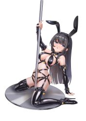 1girl absurdres animal_ear_hairband animal_ears ankle_cuffs ballet_boots bdsm black_hair blue_eyes bondage_cuffs bondage_outfit boots breasts bridal_gauntlets collar cuffs elbow_gloves fake_animal_ears full_body gloves hairband harness high_heel_boots high_heels highres lock long_hair looking_at_viewer medium_breasts original padlock pole pole_dancing rabbit_ears sitting slave solo stripper_pole tearing_up thigh_boots wariza white_background yzeric