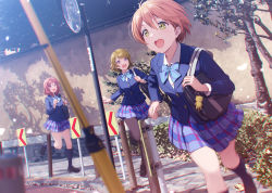 3girls bag blazer blue_bow blue_bowtie blue_jacket blue_skirt bow bowtie brown_hair commentary_request hoshizora_rin jacket koizumi_hanayo love_live! love_live!_school_idol_project mirror multiple_girls nishikino_maki open_mouth orange_hair otonokizaka_school_uniform outdoors plaid_clothes plaid_skirt plant pleated_skirt purple_eyes red_hair running school_bag school_uniform shadow shamakho short_hair sign skirt smile standing striped_bow striped_bowtie striped_clothes thighhighs tree yellow_eyes