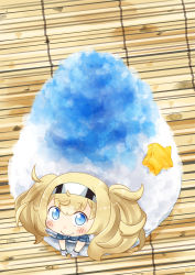 1girl bamboo_screen blonde_hair blue_eyes blue_hawaii blue_shirt collared_shirt commentary_request food gambier_bay_(kancolle) gloves hair_between_eyes hairband hinata_yuu in_food kantai_collection mini_person minigirl multicolored_gloves pocket shaved_ice shirt short_sleeves smile star_(symbol) twintails