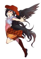 1girl alphes_(style) bandana black_hair black_wings boots brown_boots brown_skirt closed_eyes commentary_request cowboy_hat dairi facing_viewer feathered_wings from_side full_body hat highres horse_tail kurokoma_saki large_variant_set legs_up long_hair multicolored_shirt open_mouth orange_skirt outstretched_arm overskirt parody ponytail red_hat short_sleeves skirt smile solo style_parody tachi-e tail touhou transparent_background variant_set very_long_hair white_bandana wings