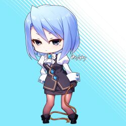 1girl ace_attorney artist_name ascot black_footwear black_gloves black_skirt black_vest blue_hair chibi earrings franziska_von_karma gloves holding holding_whip jewelry juliet_sleeves long_sleeves looking_at_viewer mole mole_under_eye puffy_sleeves skirt sylphy_fe vest whip white_ascot
