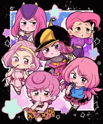 2boys 4girls belt black_hat black_skirt blue_shirt blush_stickers brown_eyes cellphone chibi chibi_only color_connection crop_top diamond_wa_kudakenai dress fishnet_top fishnets flower_ornament food green_belt green_eyes grey_shirt hair_bobbles hair_color_connection hair_ornament hairband hat highres hirose_yasuho holding holding_food holding_phone horned_hat hot_pants_(sbr) jojo_no_kimyou_na_bouken jojolion long_hair makeup midriff motu705 multiple_boys multiple_girls narciso_anasui pants phone pink_dress pink_eyes pink_hair pink_lips pocky purple_hair purple_hat purple_pants purple_sweater ribbed_sweater shirt short_hair skirt smartphone stand_(jojo) standing star_(symbol) steel_ball_run stone_ocean sugimoto_reimi sweater trish_una turtleneck turtleneck_shirt vento_aureo vinegar_doppio yellow_hairband