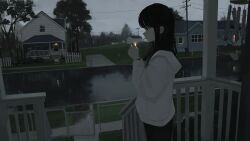 Rule 34 | 1girl, black hair, from side, house, lighting cigarette, original, orval, overcast, reflection, road, sky, street, utility pole