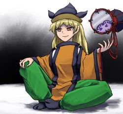 Rule 34 | 1girl, black socks, blonde hair, closed mouth, commentary request, drum, floating, floating object, food, fruit, full body, green skirt, instrument, long hair, long sleeves, looking afar, matara okina, orange (fruit), orange eyes, orange sleeves, orange slice, orange tabard, ritsuzou, sitting, skirt, smile, socks, solo, tabard, tabi, touhou, wide sleeves