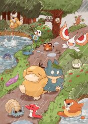 alternate_color bird buizel bush closed_mouth commentary_request creatures_(company) dedenne dirt_road ditto fangs fangs_out fishing fishing_rod game_freak gen_1_pokemon gen_2_pokemon gen_3_pokemon gen_4_pokemon gen_5_pokemon gen_6_pokemon gen_7_pokemon grass highres lotad magikarp masquerain munchlax nintendo no_humans omanyte oshawott outdoors path petilil pokemon pokemon_(creature) poliwag pond psyduck rain road rowlet shiny_pokemon splashing starly sudowoodo tatsugiri tatsugiri_(droopy) tree walking whiskers zozozoshion
