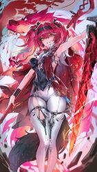 Rule 34 | 1girl, armor, armpits, asymmetrical dual wielding, black bow, bodysuit, boots, bow, breastplate, breasts, collar, colored tips, commentary, dual wielding, earrings, feet out of frame, grin, hair between eyes, hair bow, hair ornament, hairband, hashtag-only commentary, highres, holding, holding polearm, holding sword, holding weapon, jewelry, looking at viewer, lupa (wuthering waves), maenoo, medium breasts, metal collar, metal hairband, multicolored hair, multiple hair bows, pink hair, polearm, smile, solo, sword, tacet mark (wuthering waves), tail, thigh boots, weapon, white bodysuit, white boots, white hair, wolf, wolf tail, wrist guards, wuthering waves, yellow eyes
