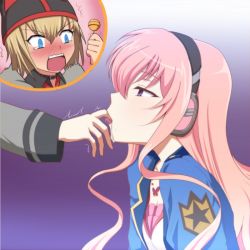 10s 1boy 1girl bad_id bad_pixiv_id blonde_hair blue_eyes blush candy carotene_gabriel food lollipop pink_hair purple_eyes rat_(milky_holmes) sexually_suggestive short_hair tantei_opera_milky_holmes tooyama_saku
