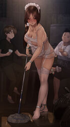 1girl 2boys absurdres age_difference bdsm black_eyes black_hair blush bondage bound bra breasts chain closed_eyes commentary embarrassed feet floor highres holding holding_mop imminent_netorare indoors large_breasts legs long_hair looking_at_viewer maid_headdress mature_female mop multiple_boys no_shoes original pantyhose revision sato-san_(yewang19) short_hair shota shotadom slave smile toenails toes underwear white_pantyhose wooden_floor yewang19