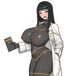 1girl black_bodysuit black_gloves black_hair blush bodysuit breasts cesara_(project_moon) covered_erect_nipples gloves green_eyes hand_in_pocket highres id_card lab_coat large_breasts limbus_company long_hair pamphlet project_moon simple_background solo steaming_body sweat sweatdrop waste22 white_background