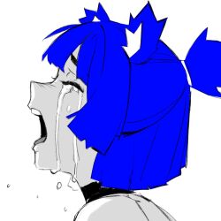 1girl ^_^ animal_ear_fluff animal_ears bare_shoulders bear_ears bear_girl black_choker blue_hair blunt_bangs blunt_ends blunt_sidelocks blush choker closed_eyes commentary crying crying_asagiri_aya_(meme) distress eyebrows_hidden_by_hair flying_teardrops furrowed_brow gris_(vertigris) hair_tie half_updo long_eyelashes meme monochrome nose_blush open_mouth original parted_bangs ponytail portrait profile raised_inner_eyebrows short_ponytail sidelocks simple_background sketch solo spot_color streaming_tears tears teeth thick_eyelashes tongue upper_teeth_only vertigris white_background