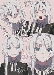 Rule 34 | +++, 1girl, black dress, blue eyes, closed eyes, closed mouth, cropped shoulders, cropped torso, dikke, dress, grey hair, hair intakes, highres, long hair, multiple views, nijikun, open mouth, pink background, reverse:1999, simple background, translation request, upper body