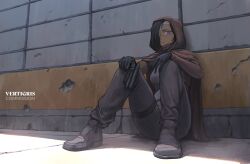 1girl against_wall arm_rest arm_strap armband artist_name bandage_over_one_eye bandaged_head bandages belt black_armband black_belt black_gloves black_hair black_pants black_shirt black_shoes breasts brown_cloak brown_hood brown_jacket brown_scarf cloak commentary commission concrete cropped_jacket dark-skinned_female dark_skin derringer english_commentary english_text expressionless full_body gloves gun hair_over_one_eye half-closed_eyes handgun hands_on_own_knees high_tops highres holding holding_gun holding_weapon hood hood_up hooded_cloak jacket knees_up long_eyelashes long_sleeves looking_at_viewer medium_breasts medium_hair narrowed_eyes open_clothes open_jacket original outdoors pants pants_tucked_in parted_bangs pavement purple_eyes scarf shadow shirt shirt_tucked_in shoes sidelocks sitting skindentation slip-on_shoes sneakers solo thick_eyelashes thigh_strap thighs tight_clothes tight_pants tight_shirt vertigris weapon