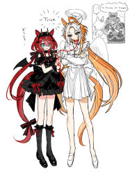 ... 2girls ahoge angel_and_devil animal_ears arm_garter black_dress black_shoes blush bow closed_mouth cross_pendant crossed_arms didi_(whaqlrpwjd) dress english_text fake_halo fake_horns fake_wings gloom_(expression) green_eyes hairband halloween halo highres horns horse_ears horse_girl horse_tail kneehighs long_hair looking_at_another multiple_girls open_mouth orange_hair orfevre_(umamusume) red_hair shoes simple_background sleeveless sleeveless_dress socks spoken_ellipsis standing string string_of_fate sweatdrop tail tail_bow tail_ornament trick_or_treat umamusume white_background white_dress white_shoes win_variation_(umamusume) wings
