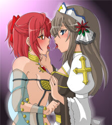 2girls arch_bishop_(ragnarok_online) bikini blue_eyes blush bow breasts brown_dress brown_hair cleavage_cutout clothing_cutout coin_(ornament) commentary_request cross dancer_(ragnarok_online) dress grabbing_another&#039;s_breast groping hair_bow headdress juliet_sleeves kiss large_breasts long_hair long_sleeves looking_at_another medium_breasts monou0135 multiple_girls open_mouth orange_eyes puffy_sleeves purple_background ragnarok_online red_bow red_hair saliva saliva_trail sash sequins shawl swimsuit tongue tongue_out two-tone_dress white_dress yellow_bikini yellow_sash yuri