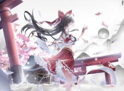 Rule 34 | 1girl, absurdres, bow, brown hair, building, cherry blossoms, closed eyes, closed mouth, commentary request, detached sleeves, frilled hair tubes, frilled skirt, frills, hair bow, hair tubes, hakurei reimu, hakurei shrine, highres, holding ofuda, long hair, midriff, outdoors, red bow, red skirt, ribbon-trimmed sleeves, ribbon trim, skirt, skirt set, solo, torii, touhou, water, yomatsuri (festival night)