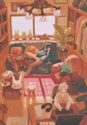 1girl 1other ambiguous_gender armchair black_hair blonde_hair blue_jacket bookshelf brown_pants calendar_(object) ceiling_light chair computer computer_keyboard computer_mouse couch cyberseaurchin food headphones highres indoors jacket lying office_chair on_back orange_theme original pants paper pillow plant plate potted_plant red_pillow shirt sitting stool swivel_chair table white_sleeves window wooden_floor yellow_pillow yellow_shirt