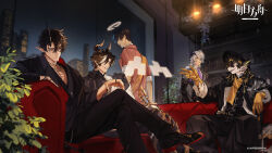5boys arknights chinese_commentary chongyue_(arknights) closed_mouth commentary copyright_logo copyright_name copyright_notice couch demon_boy demon_horns dragon_boy dragon_horns dragon_tail fins fish_tail flamebringer_(arknights) furry furry_male halo highres horns insider_(arknights) lee_(arknights) male_focus multiple_boys night night_sky no_sense_of_shame puzzle_(arknights) sitting sky skyline smile tail