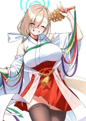 Rule 34 | 1girl, absurdres, asuna (blue archive), bare shoulders, bell, blonde hair, blue archive, blue halo, blue nails, blush, bow, breasts, closed eyes, commission, cowboy shot, detached sleeves, facing viewer, grin, hair bow, hair over one eye, hakama, hakama skirt, halo, highres, holding, holding instrument, instrument, japanese clothes, jingle bell, kagura suzu, kimono, large breasts, long hair, miko, obi, panties, panty peek, pleated skirt, red skirt, ribbon, sash, sayu mypace, side-tie panties, side-tie peek, simple background, skeb commission, skindentation, skirt, smile, solo, teeth, thigh gap, thighhighs, thighs, underwear, w, white background, white bow, white panties, wide sleeves, zettai ryouiki