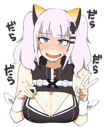 Rule 34 | 1girl, @ @, black dress, blue eyes, blush, breasts, cleavage cutout, clothing cutout, d-pad, d-pad hair ornament, dress, grey hair, hair ornament, highres, kaguya luna, large breasts, ribbon, sleeveless, sleeveless dress, solo, sweat, the moon studio, twintails, upper body, v, virtual youtuber, white ribbon, wrist ribbon, yan-baru, yellow nails