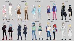 Rule 34 | 6+boys, 6+girls, absurdres, beret, black hair, black jacket, black necktie, black pants, black shoes, black socks, black thighhighs, blazer, blonde hair, blue dress, blue eyes, blue hair, blue jacket, blue necktie, blue pants, blue skirt, blue vest, boots, bow, brown eyes, brown hair, brown jacket, brown pants, brown shoes, brown skirt, character request, collared shirt, dark-skinned male, dark skin, dress, ex albio, fold-over boots, furen e lustario, fuwa minato, garter straps, green hair, green jacket, grey background, grey dress, grey hair, grey pants, grey shirt, grey skirt, grey socks, hair between eyes, hair ornament, hair over one eye, hairclip, hat, heterochromia, highres, higuchi kaede, hoshikawa sara, ibrahim (nijisanji), jacket, kagami hayato, kanae (nijisanji), kuzuha (nijisanji), lace-up boots, lain paterson, leos vincent, lize helesta, loafers, long hair, multicolored hair, multiple boys, multiple girls, necktie, nijisanji, ninahachi, orange eyes, pants, pink hair, pink pants, pink skirt, plaid clothes, plaid pants, plaid skirt, pleated dress, pleated skirt, ponytail, purple eyes, purple hair, red boots, red bow, red eyes, sailor collar, sasaki saku, school uniform, serafuku, shibuya hajime, shiina yuika, shirt, shoes, side cape, side ponytail, simple background, skirt, socks, streaked hair, thighhighs, thighhighs under boots, translation request, two-tone hair, uzuki kou, very long hair, vest, white hair, white hat, white jacket, white pants, white sailor collar, white shirt, white shoes, white socks, white thighhighs, yellow eyes, yellow necktie