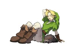 0garlyar 1boy animalization arm_support arm_up belt_buckle black_fur blonde_hair boar boots brown_boots buckle closed_eyes commentary_request curtained_hair dot_nose ganondorf green_tunic highres korean_commentary layered_sleeves leaning_back link long_pointy_ears long_sleeves male_focus nintendo one_eye_closed open_mouth pants pointy_ears shirt short_over_long_sleeves short_sleeves simple_background sitting teeth the_legend_of_zelda tongue tunic tusks upper_teeth_only white_background white_pants white_shirt