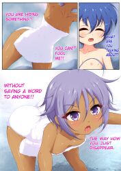 1boy 1girl 3koma bare_shoulders bent_over blue_hair blush breasts closed_eyes comic dark-skinned_female dark_skin english_text ether_core hair_between_eyes highres lloyd_de_saloum loli naked_towel nipples open_mouth paid_reward_available purple_eyes purple_hair ren_(dai_nana_oji) shota small_breasts standing tensei_shitara_dai_nana_oji_datta_no_de:_kimama_ni_majutsu_o_kiwamemasu towel trap