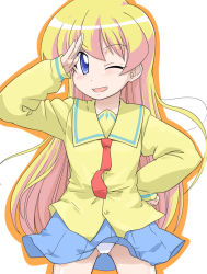 00s 1girl blonde_hair blouse blue_eyes female_focus long_hair necktie one_eye_closed pani_poni_dash! panties pantyshot rebecca_miyamoto school_uniform serafuku shirt solo underwear very_long_hair wink yellow_shirt youkan