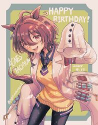 1girl agnes_tachyon_(umamusume) agoumauma2 ahoge animal_ears arm_up artist_name black_necktie black_shirt breasts brown_hair character_name chemical_structure coat collared_shirt cork dated earrings hair_between_eyes happy_birthday hem_peeking_out highres horse_ears horse_girl horse_tail huge_ahoge jewelry lab_coat looking_at_viewer medium_breasts necktie open_clothes open_coat open_mouth pen red_eyes shirt short_hair short_necktie signature single_earring smile solo sweater tail test_tube twitter_username umamusume white_coat yellow_sweater