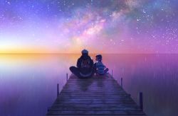 2boys backpack bag baseball_cap black_hair black_headwear black_jacket black_pants creatures_(company) dock elio_(pokemon) game_freak guzma_(pokemon) hat highres jacket male_focus meipu_hm multiple_boys night nintendo ocean pants pokemon pokemon_sm reflection scenery shirt short_hair short_sleeves sitting sky star_(sky) starry_sky striped_clothes striped_shirt t-shirt team_skull white_hair white_shirt