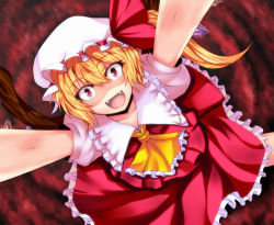 1girl :d ashima_takumi blonde_hair dress fangs female_focus flandre_scarlet frills from_above hat looking_at_viewer mob_cap open_mouth pov red_eyes side_ponytail smile solo touhou vampire white_hat wings xeqj