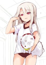 1girl bear black_buruma breasts buruma cub fate/grand_order fate_(series) illyasviel_von_einzbern long_hair looking_to_the_side open_mouth polar_bear red_eyes sen_(astronomy) shirou_(bear)_(fate) shirt short_sleeves sidelocks sitonai_(fate) small_breasts smile thighs white_hair white_shirt