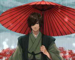 brown_eyes brown_hair date_masamune eyepatch flower japanese_clothes kimono male_focus rain sengoku_musou swept_bangs umbrella