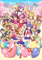 10s 2boys 6+girls :d ;d ^_^ ahoge alpaca apron arm_up arms_up artist_name ayase_alisa ayase_eli balloon black_choker black_hair black_ribbon blonde_hair blue_eyes blue_flower blue_hair blue_hat blue_skirt blunt_bangs blush boots bow brown_eyes brown_hair building cherry_blossoms choker clenched_hand clenched_hands closed_eyes clothes_writing clothing_cutout corsage day dog everyone extra flower fumiko_(love_live!) glasses green_apron green_eyes grin group_name hair_bun hair_flower hair_ornament hair_ribbon hairband hand_on_another&#039;s_shoulder hands_up hat heart heart-shaped_eyewear hideko_(love_live!) highres hoshizora_rin jacket kira_tsubasa kneehighs koizumi_hanayo kosaka_honoka kosaka_honoka&#039;s_father kosaka_honoka&#039;s_mother kosaka_yukiho love_live! love_live!_school_idol_project microphone mika_(love_live!) minami_kotori minami_kotori&#039;s_mother miniskirt morimaiko multiple_boys multiple_girls nishikino_maki nishikino_maki&#039;s_mother o/ one_eye_closed one_side_up open_mouth orange_hair outstretched_arms petals pink_choker pink_shirt plaid_clothes plaid_skirt pleated_skirt pom_pom_(cheerleading) ponytail purple_eyes purple_hair red_bow red_choker red_eyes red_footwear red_hair red_shirt red_vest ribbon school shirt shoulder_cutout single_hair_bun skirt smile socks sonoda_umi standing standing_on_one_leg sweatband thigh_strap todo_erena tojo_nozomi vest white_choker white_flower white_legwear white_shirt yazawa_cocoa yazawa_cocoro yazawa_cotaro yazawa_nico yazawa_nico&#039;s_mother yellow_eyes yellow_jacket yellow_ribbon yuki_anju