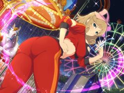 1girl amusement_park ass ass_focus black_sports_bra blonde_hair blush bow breasts carnival carousel closed_mouth curly_hair energy fence ferris_wheel green_eyes hair_bow haruka_(senran_kagura) horse jacket large_breasts light light_particles looking_at_viewer midriff neon_lights night night_sky official_alternate_costume official_art outdoors pants pink_bow railing roller_coaster saddle senran_kagura senran_kagura_new_link senran_kagura_shoujo-tachi_no_shin&#039;ei shiny_skin short_hair sky smile solo sparkle sports_bra star_(sky) starry_sky string_of_flags tent test_tube torn_clothes torn_jacket torn_pants torn_sleeves torn_sports_bra track_jacket track_pants track_suit vial white_horse yaegashi_nan