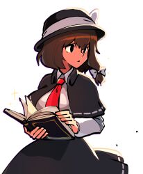 1girl black_capelet black_eyes black_hat black_skirt book braid brown_hair capelet collared_shirt hat hat_ribbon highres holding holding_book iganashi1 looking_to_the_side necktie one-hour_drawing_challenge open_mouth red_necktie ribbon shirt short_hair side_braid simple_background single_braid skirt solo touhou upper_body usami_renko white_background white_ribbon white_shirt