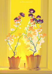 1girl artist_name black_hair dress english_text flower flower_pot highres huhv. long_hair original plant potted_plant shadow solo standing vase watermark white_flower wide_shot window yellow_background yellow_flower yellow_theme