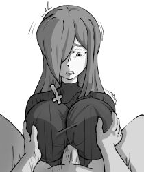 1girl black_sweater breasts clothed_female_nude_male cross grabbing_another&#039;s_breast groping hair_over_face hair_over_one_eye half-closed_eyes highres huge_breasts long_hair looking_to_the_side nude paizuri paizuri_over_clothes parasoul_(skullgirls) pov ryehry skullgirls straddling_paizuri straight_hair sweater upper_body white_background
